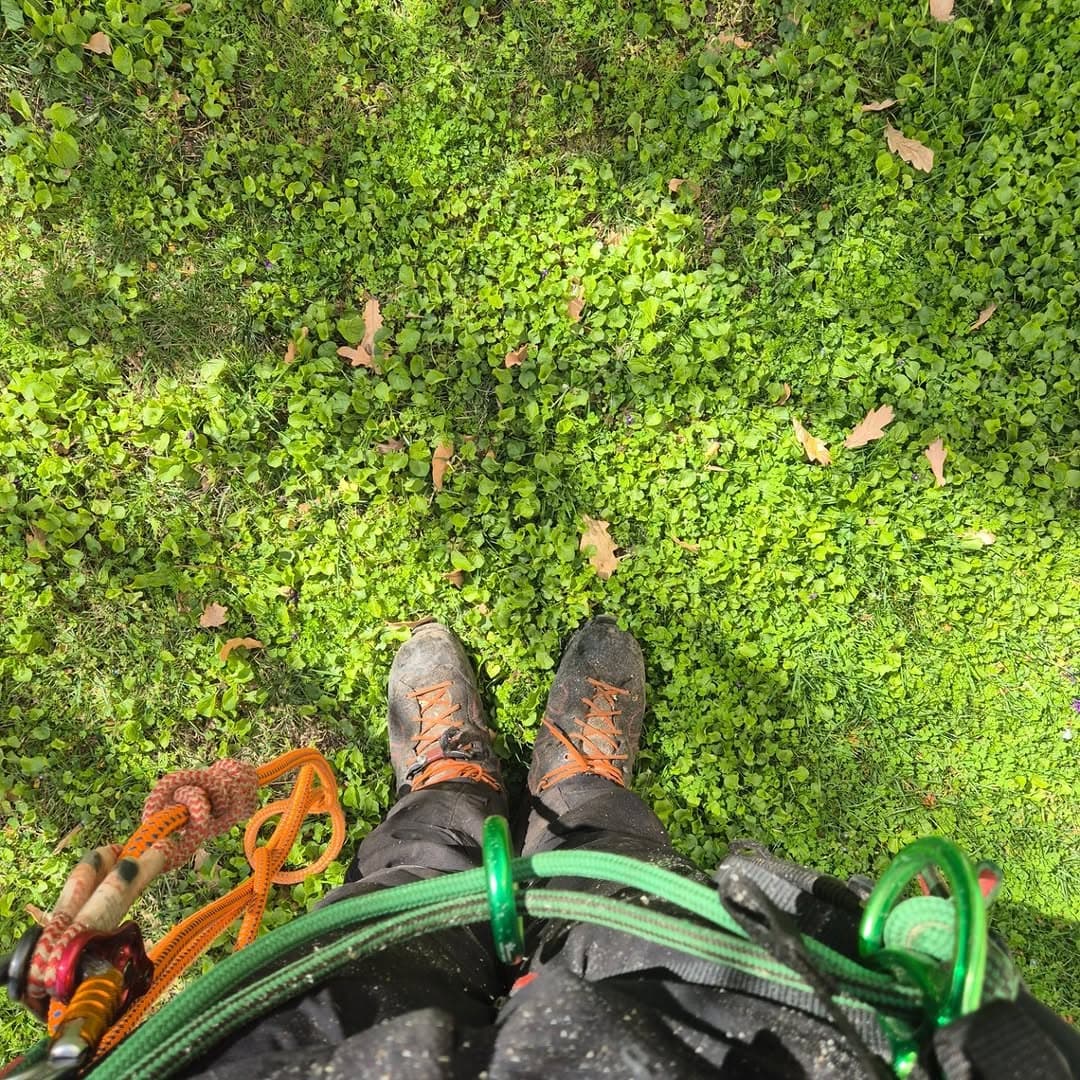 Vista cenital de botas de montaña y equipo de escalada sobre un suelo de hierba.